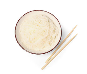 Bowl with tasty rice noodles and chopsticks isolated on white background