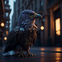 Eagle in city wearing armor, Created using generative AI