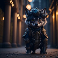 Adorable wolf wearing cool cloths, blur city Created using generative AI