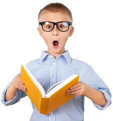 Surprised boy reading yellow book isolated on white background