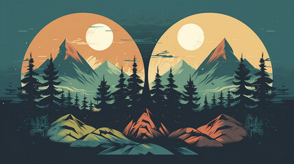 the nature-inspired scenes, such as a mountain range, forest, or ocean view, rendered in a simplified and stylized way