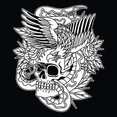 Eagle Skull  Tattoo Black and White Illustration