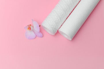 filter cartridges for water on a pink background. Installation of reverse osmosis water purification system.