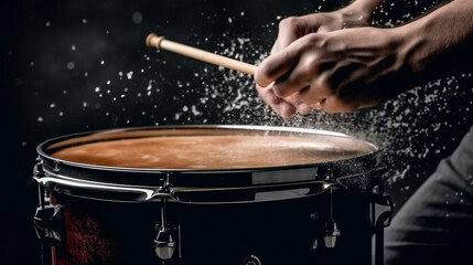 Fototapeta na wymiar Drummer using drum sticks hitting snare drum with splashing water