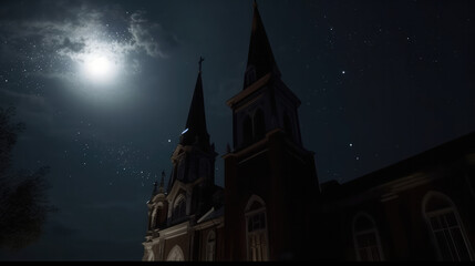 Fototapeta na wymiar Church in front of a dark sky in the middle of the night weith the moon at the side. Generative AI.