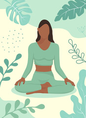 Obraz na płótnie Canvas Vector faceless african american woman sitting in lotus position. Concept poster illustration for yoga, meditation, relax, recreation. 