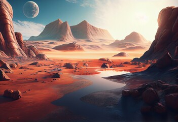 3D render, beautiful and realistic Mars landscape background CG artwork concept. Generative AI