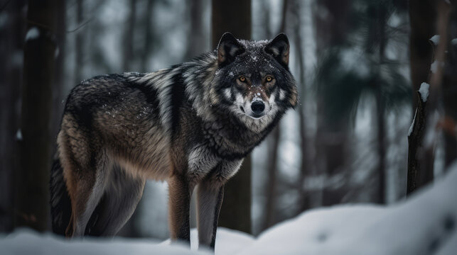 Wingle wolve with darf fur standing the forest in winter. Generative AI.