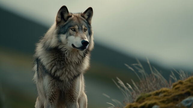 Single wolve standing on a hill. Generative AI.