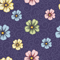 Floral seamless pattern. Flower and swirl on purple background