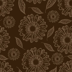 Vector Floral seamless pattern. Silhouettes sunflowers and leaves in a vintage style