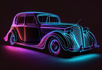 Obraz na płótnie Canvas oldtimer car in glowing neon colors isolated on black background, cyberpunk, generative ai