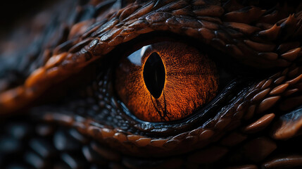 Macro shot close up of the eye of a dragon with orange color. Generative AI.