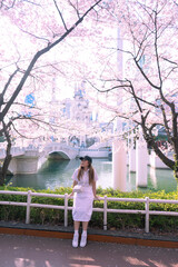 Asian lady travel in cherry blossom park in Seoul city, South Korea with Sakura flower and Lotte World amusement park background.