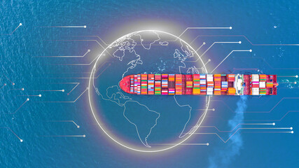 Container ship carrying container for business freight shipping import and export, Aerial view container ship arriving in commercial port.