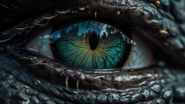 CMacro shot of the eye of a dragon. Generative AI.