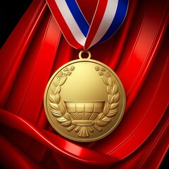 Fototapeta premium Real Gold medal hanging on red ribbons