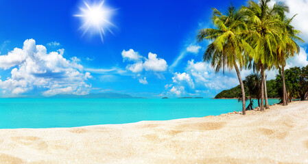 Obraz na płótnie Canvas Tropical island sea beach, beautiful paradise nature panorama landscape, coconut palm tree green leaves, turquoise ocean water, blue sky sun white cloud, yellow sand, summer holidays, vacation, travel