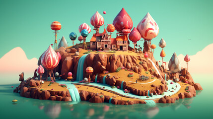 Fantastic surreal float island landscape with some candy. Generative AI.