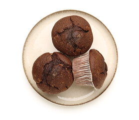 Plate with tasty chocolate cupcakes isolated on white background