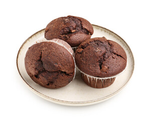 Plate with tasty chocolate cupcakes isolated on white background