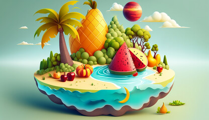 Fototapeta premium Fantastic surreal float island landscape with fruits composition. Generative AI.