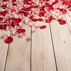Rose petals on a wooden surface. Shallow depth of field. Generative AI