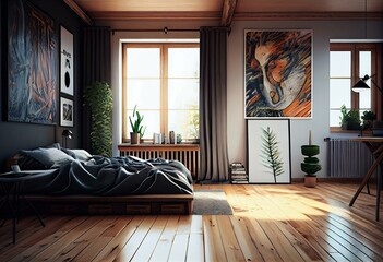 bedroom with wooden floor and painting on the wall illustration. Generative AI