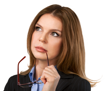 Portrait of businesswoman holding glasses in thoughtful pose on a white background