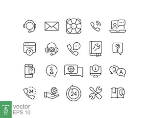 Help and support line icon set. Simple outline style symbol for web template and app. Online service, call center, contact phone concept. Vector illustration isolated on white background. EPS 10.