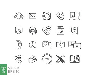 Fototapeta na wymiar Help and support line icon set. Simple outline style symbol for web template and app. Online service, call center, contact phone concept. Vector illustration isolated on white background. EPS 10.