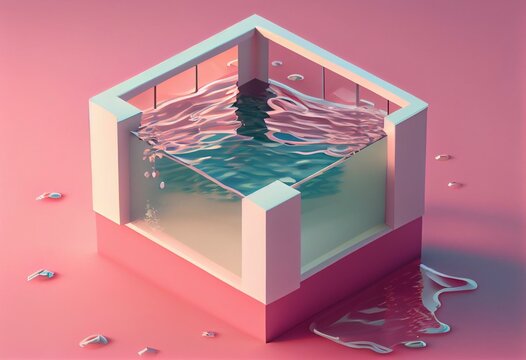 3D rendering. Swimming pool with water on pink background in isometric minimal style. Generative AI