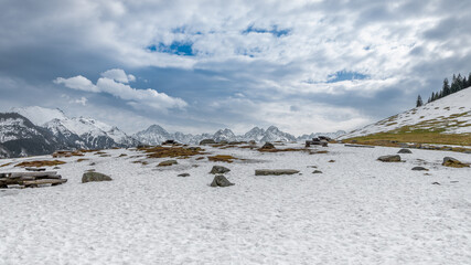 Winter mountain landscape. High Tatras. Snow-covered peaks of the Tatra Mountains. Early spring..Rusinowa Polana, Poland