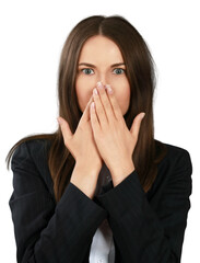 Businesswoman female shocked hands covering mouth isolated hands on face woman