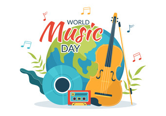 World Music Day Illustration with Various Musical Instruments and Notes in Flat Cartoon Hand Drawn for Publication Poster or Landing Page Templates