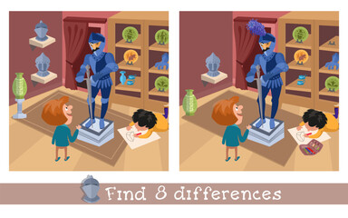 Find 8 hidden differences. Educational puzzle game for children. Cute children and adults at museum. Knight's armour, helmets and weapons. History for kids. Cartoon characters. Vector illustration.