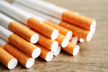 Cigarette, roll tobacco in paper with filter tube, No smoking concept.