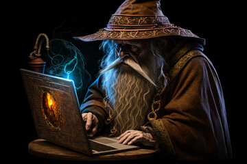 Fototapeta premium old fictional wizard using a laptop computer 