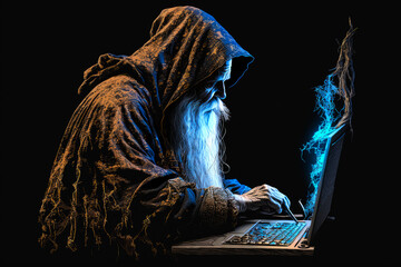 old fictional wizard using a laptop computer	
 - obrazy, fototapety, plakaty