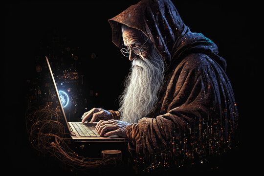 old fictional wizard using a laptop computer	
