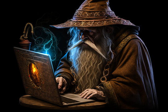 old fictional wizard using a laptop computer	
