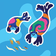 Two cute seal characters are fishing together. Vector sticker illustration