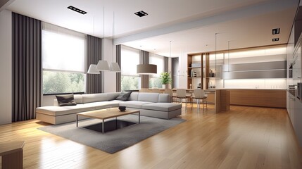Modern interior of living room with corner sofa and kitchen bar 3d rendering 