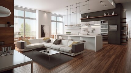 Modern interior of living room with corner sofa and kitchen bar 3d rendering 