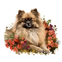 illustration of a fluffy dog laying in flowers