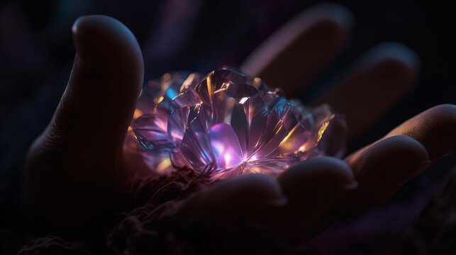  a person holding a pink diamond in their hand, illuminated by a soft light The diamond sparkles in the darkness, its facets reflecting the light and creating a bea