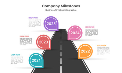 Timeline infographic company roadmap with pin and business expansion. Vector illustration.
