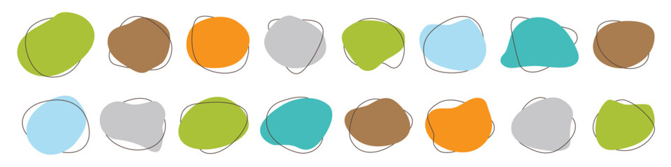 Organic blob shapes backgrounds with outline strokes around. Set of irregular vector blot forms for eco product design. Simple abstract amoeba silhouette backgrounds. Color blotch shapes.
