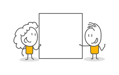 Stick figures. Blank banner. Vector illustration of man holding blank banner. It can be used for presentation, for explanation, as a mascot, for communication, to express emotions.