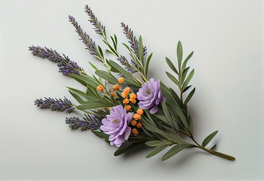 Flowers creative composition. Bouquet of lavender flowers plant with leaves isolated on white background. Flat lay, top view, copy space. Generative AI